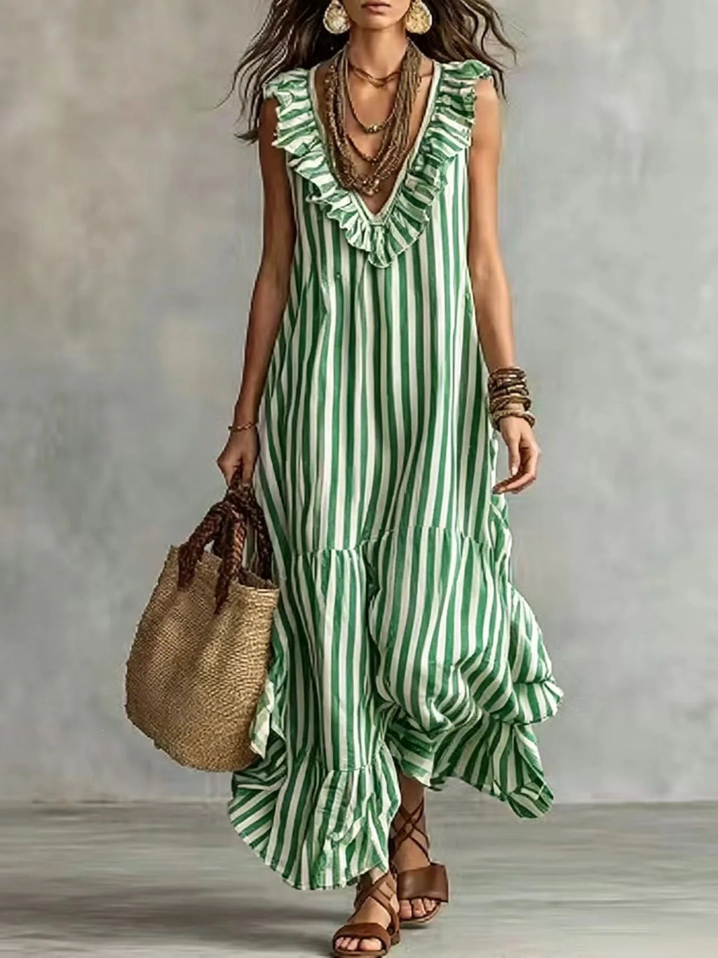 Corinne ruffle striped tiered maxi dress, view 3