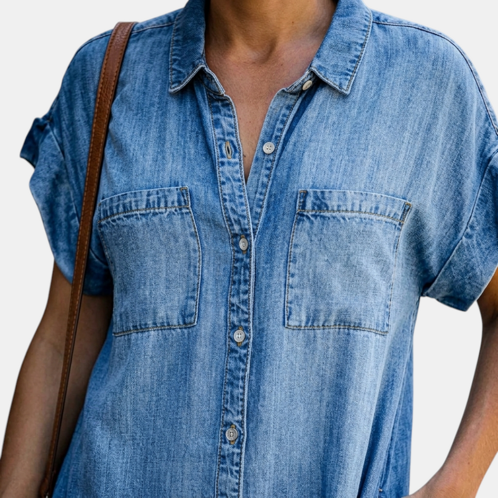 Close-up detail of the Corinne Shirt Dress Chambray Denim Button-Front in light blue, featuring the collared neckline, button-front placket, chest pockets, and lightweight chambray fabric. Designed by Bella Hudson.
