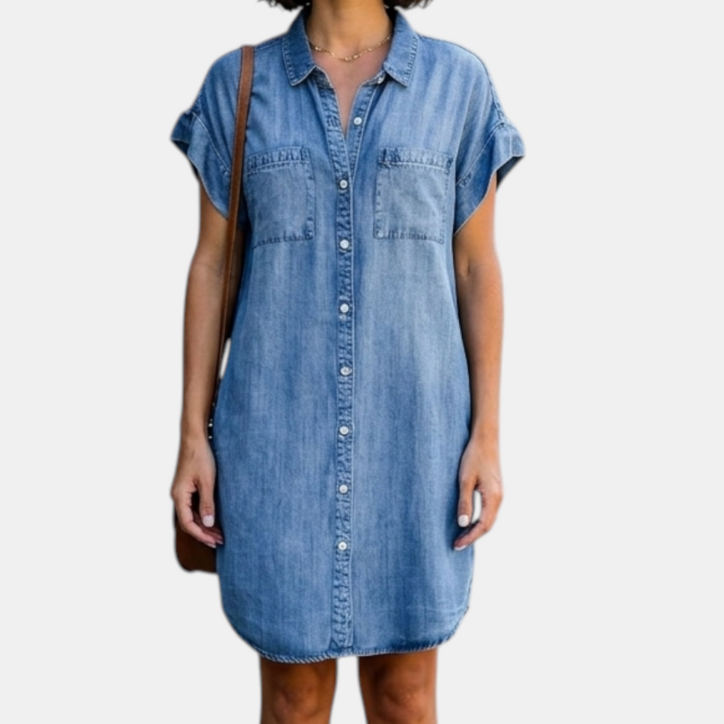 Front view of the Corinne Shirt Dress Chambray Denim Button-Front in light blue, featuring a collared neckline, button-front closure, chest pockets, rolled cap sleeves, and a relaxed chambray silhouette. Designed by Bella Hudson.