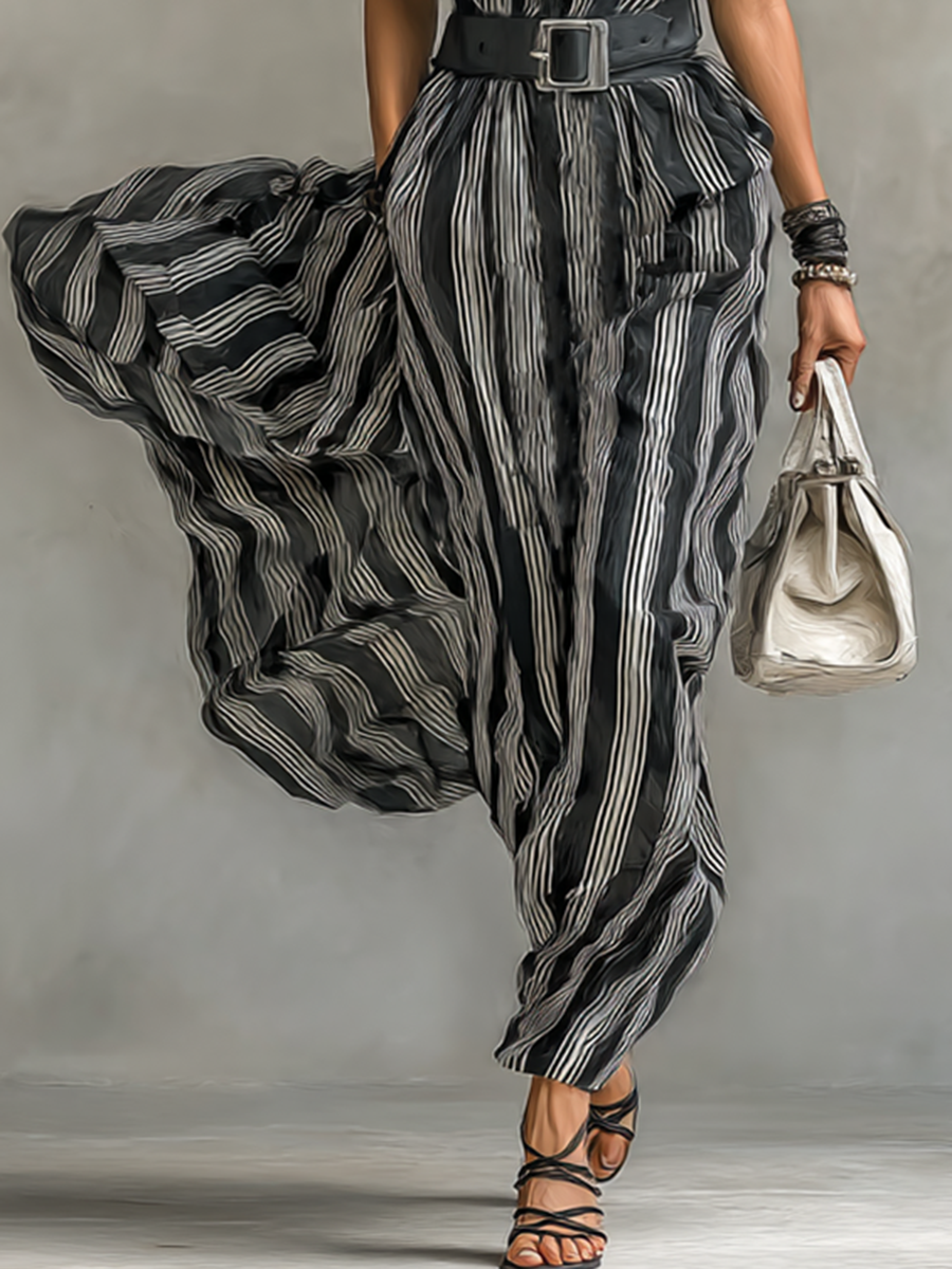 Cosima striped shirt-style belted maxi dress, back view