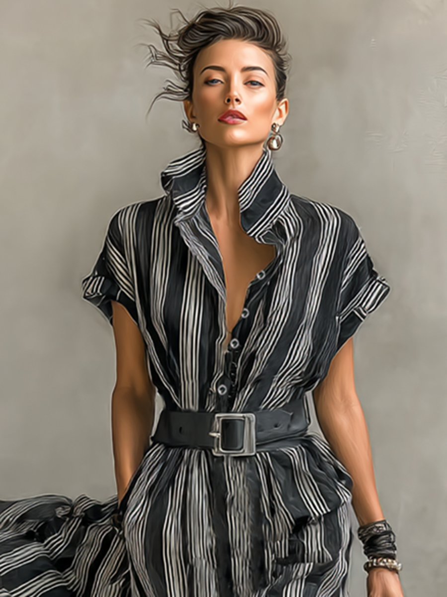 Cosima striped shirt-style belted maxi dress, detail view