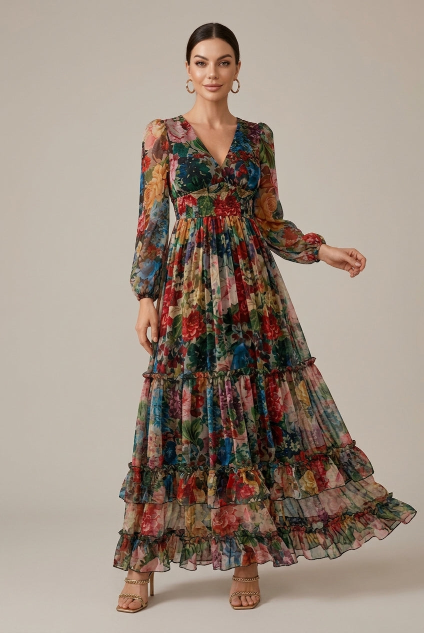 Cressida evening tiered V-neck ruffle maxi dress, view 1