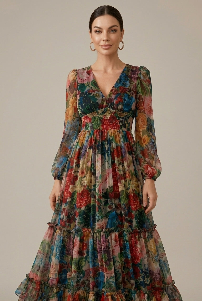 Cressida evening tiered V-neck ruffle maxi dress, view 2