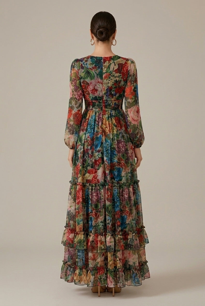 Cressida evening tiered V-neck ruffle maxi dress, back view