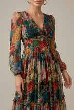 Cressida evening tiered V-neck ruffle maxi dress, detail view