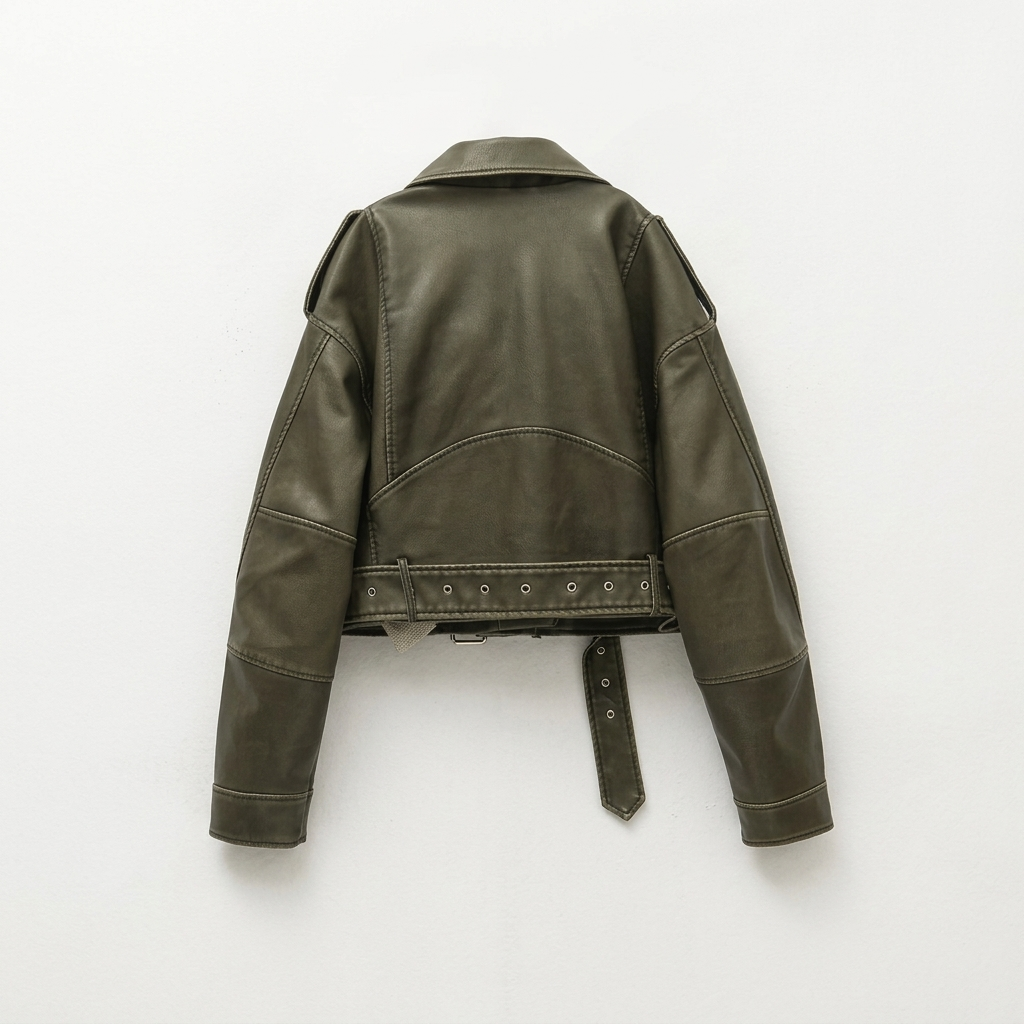 Cropped faux-leather moto jacket shown from the back with structured shoulders, long sleeves, seam detailing, and a belted hem