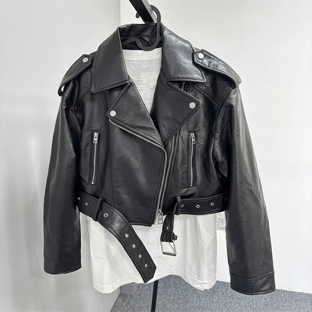 Cropped faux-leather moto jacket featuring wide lapels, asymmetrical zip closure, zippered pockets, shoulder epaulets, and an adjustable waist belt