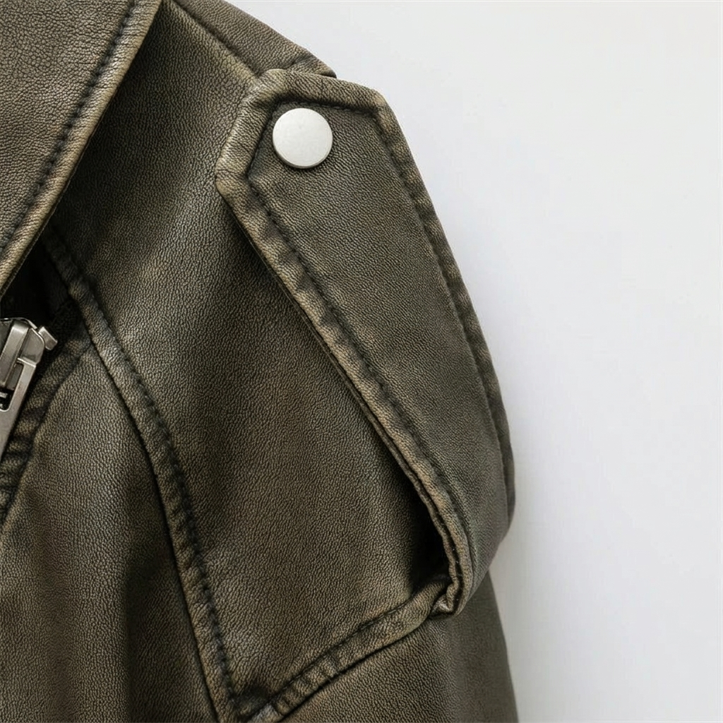 Close-up of a cropped faux-leather moto jacket showing the structured lapel, metal snap detail, and textured finish