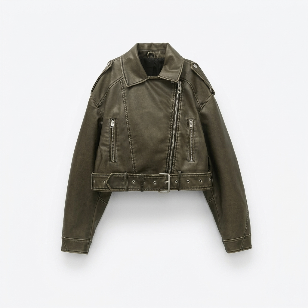 Cropped faux-leather biker jacket with structured shoulders, asymmetrical zipper, lapel collar, long sleeves, and belted waist