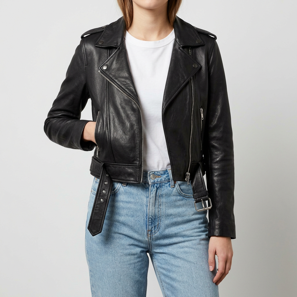 Cropped faux-leather moto jacket styled with an asymmetrical front zipper, structured lapels, long sleeves, and a belted hem