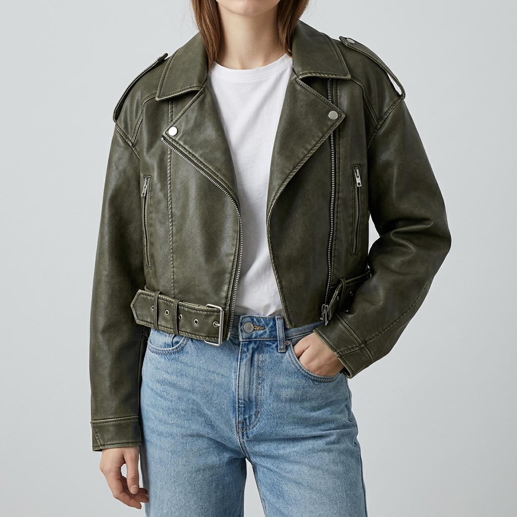 Faux-leather moto jacket featuring a cropped silhouette, wide lapels, zip-front styling, long sleeves, and practical pockets