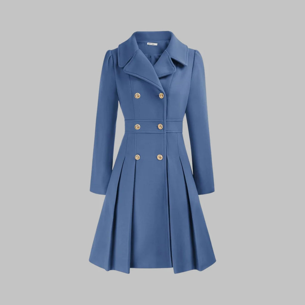Dahlia Blue double-breasted coat with structured lapels, decorative front buttons, fitted waist, and pleated A-line silhouette