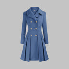 Dahlia Blue double-breasted coat with structured lapels, decorative front buttons, fitted waist, and pleated A-line silhouette