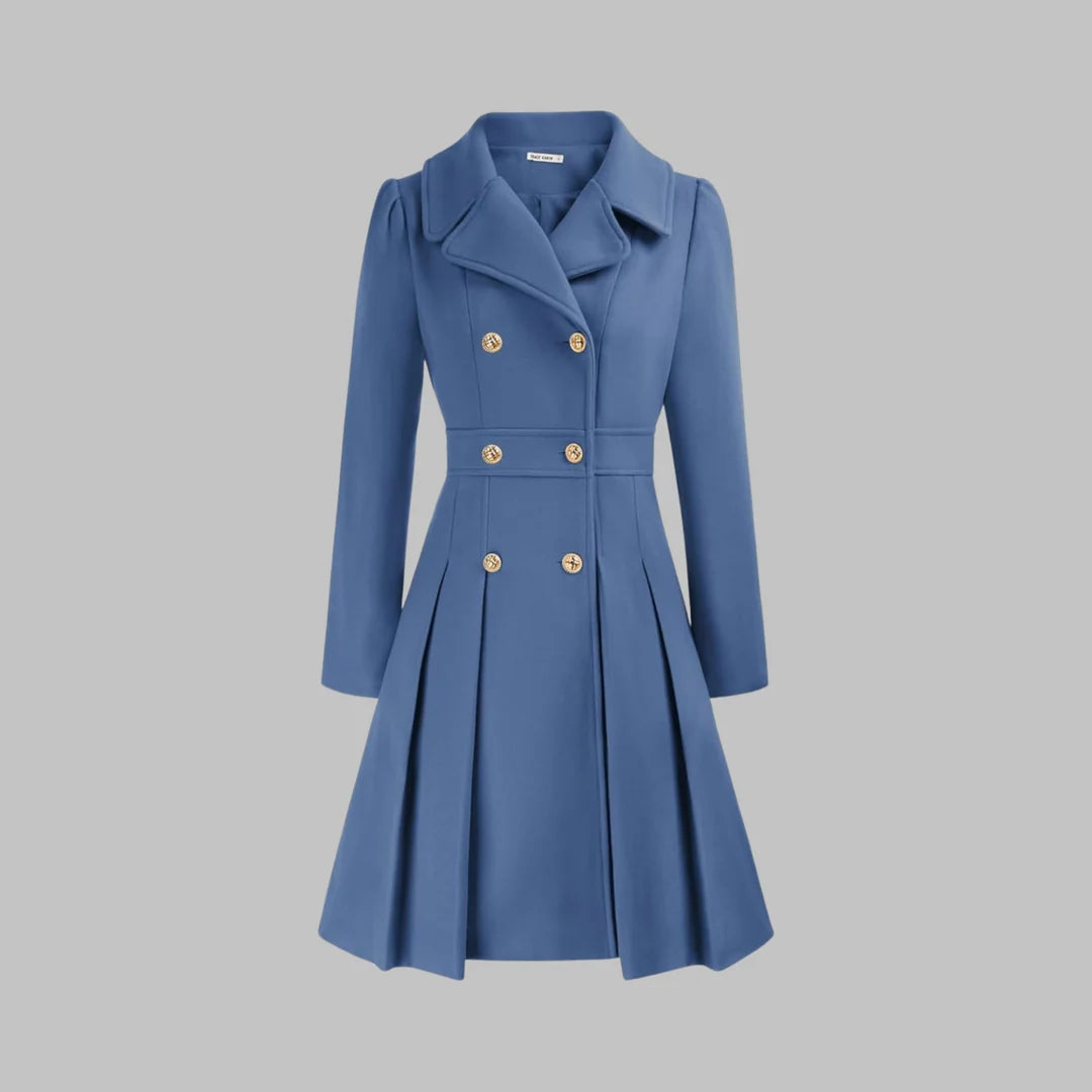 Dahlia Blue double-breasted coat with structured lapels, decorative front buttons, fitted waist, and pleated A-line silhouette