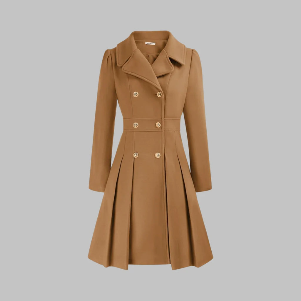 Dahlia Brown A-line coat with a structured lapel collar, defined waist, double-breasted closure, and elegant pleated skirt