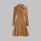 Dahlia Brown A-line coat with a structured lapel collar, defined waist, double-breasted closure, and elegant pleated skirt