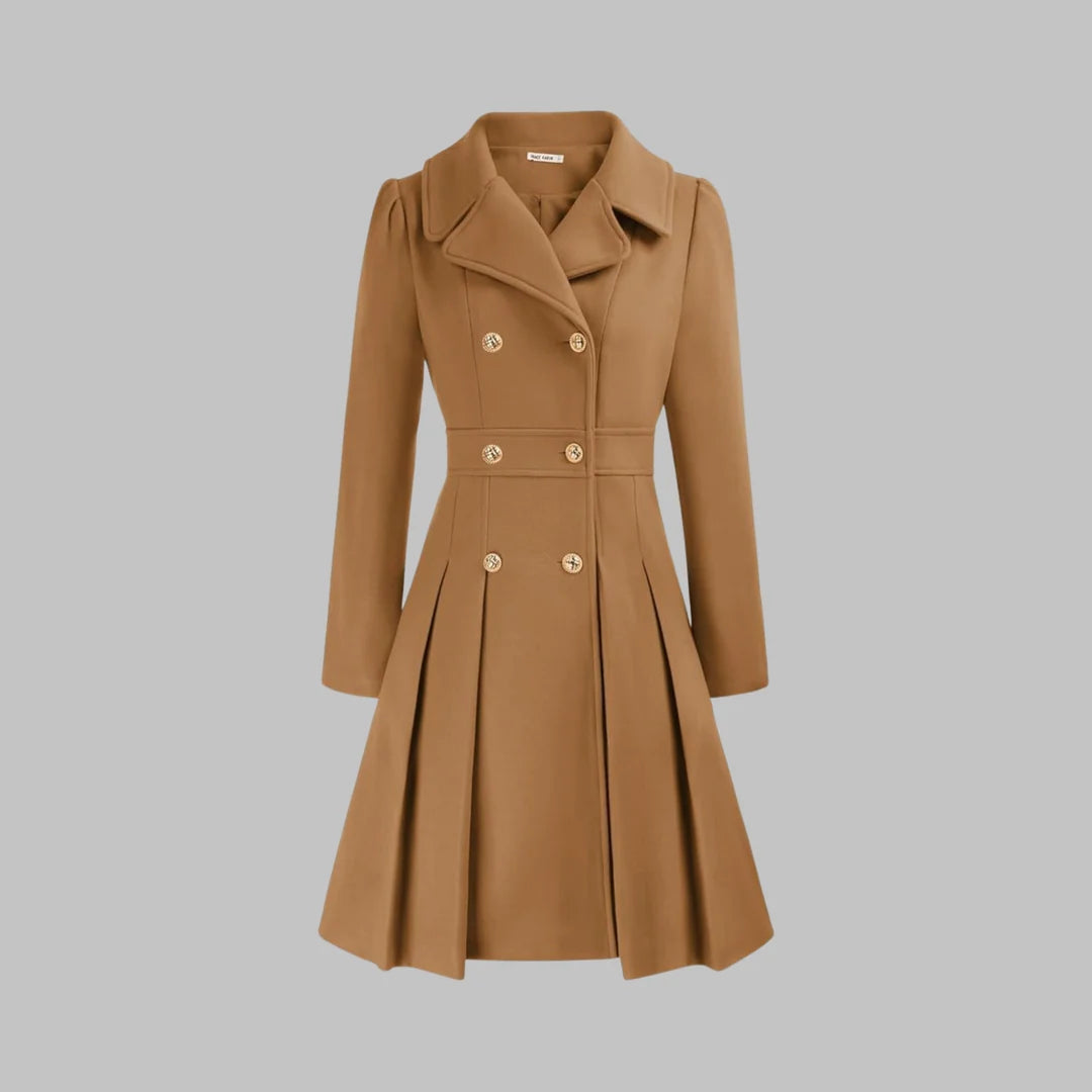 Dahlia Brown A-line coat with a structured lapel collar, defined waist, double-breasted closure, and elegant pleated skirt