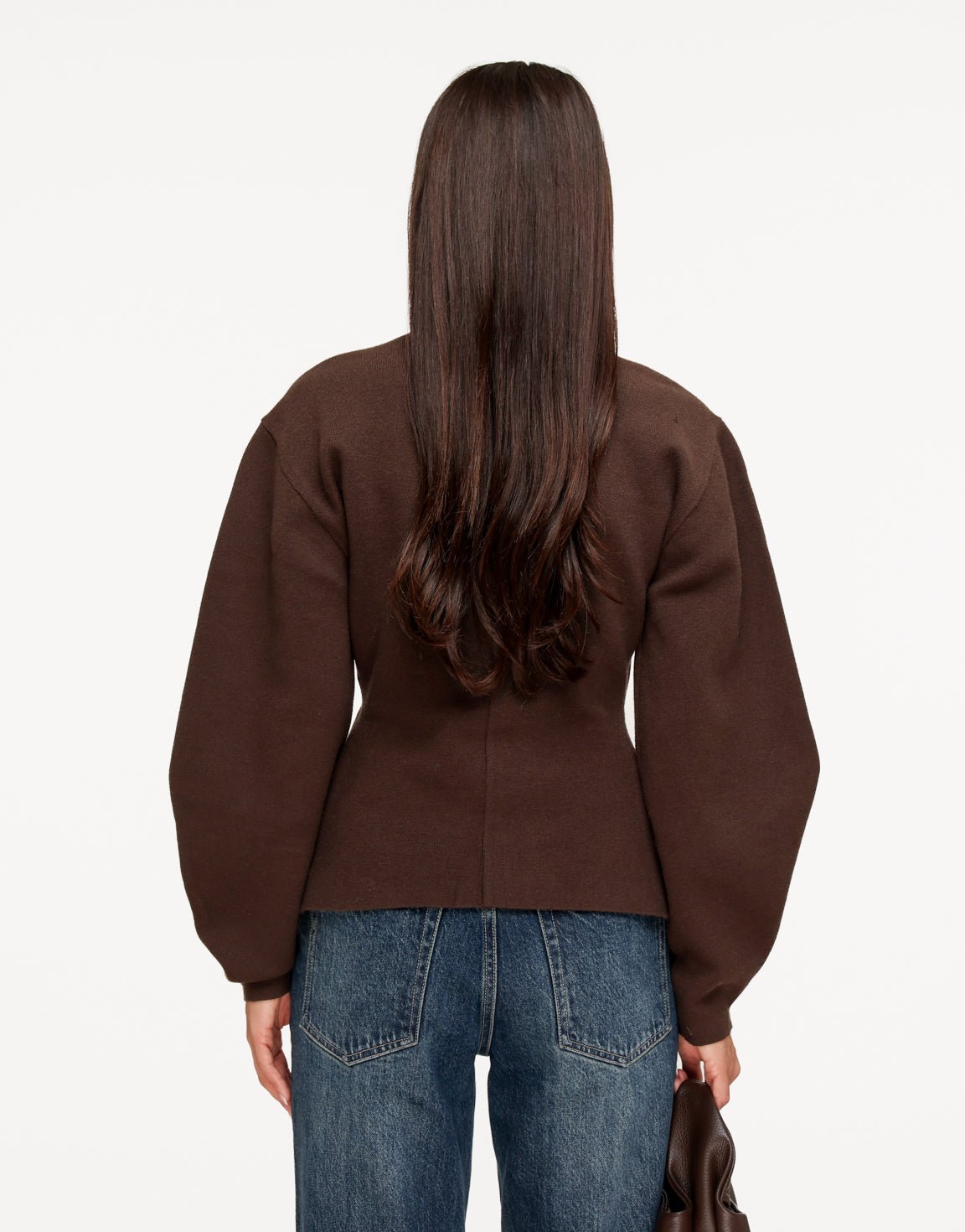 Dahlia Dark Brown cardigan shown from the back, with voluminous balloon sleeves and a fitted waist.