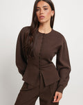 Dahlia Dark Brown button-front cardigan shown close-up on a model with a round neckline, balloon sleeves, and a cinched waist.