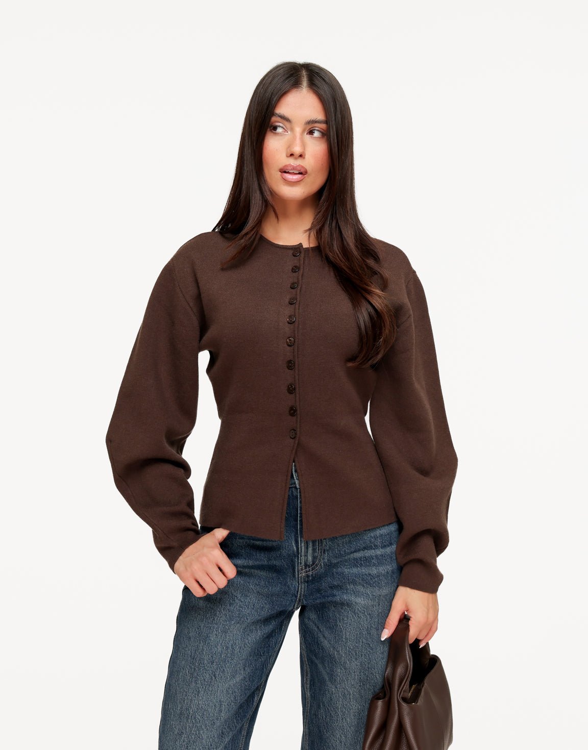 Dahlia Dark Brown button-front cardigan styled on a model with blue jeans and a brown handbag.