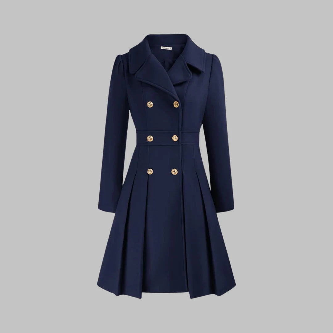 Dahlia Navy Blue tailored coat featuring notched lapels, double-breasted button detailing, long sleeves, and a flared pleated hem