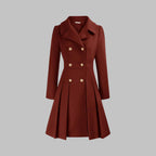 Dahlia Red double-breasted coat featuring classic notched lapels, decorative front buttons, fitted waist, and a flared A-line silhouette