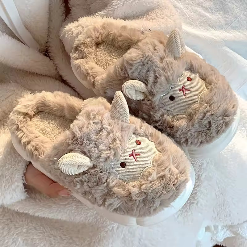 Daisy Beige plush slippers featuring embroidered sheep faces, raised ears, rounded closed toes, and soft interior lining