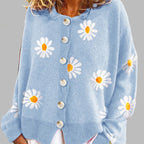 Daisy Blue button-front cardigan with an all-over daisy pattern, round neckline, long sleeves, button closure, and ribbed trim