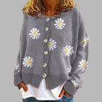 Daisy Gray button-front cardigan featuring a daisy floral design, round neckline, long sleeves, ribbed cuffs, and relaxed everyday fit
