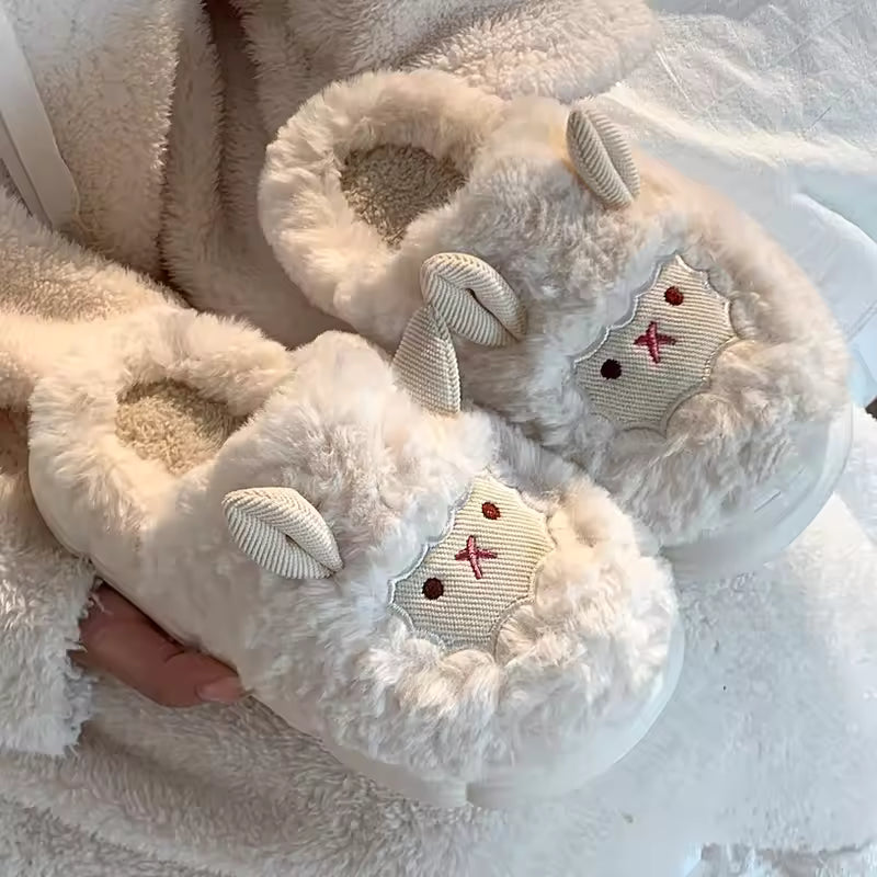 Daisy Khaki plush house slippers featuring embroidered sheep faces, raised ears, fluffy lining, and rounded closed toes
