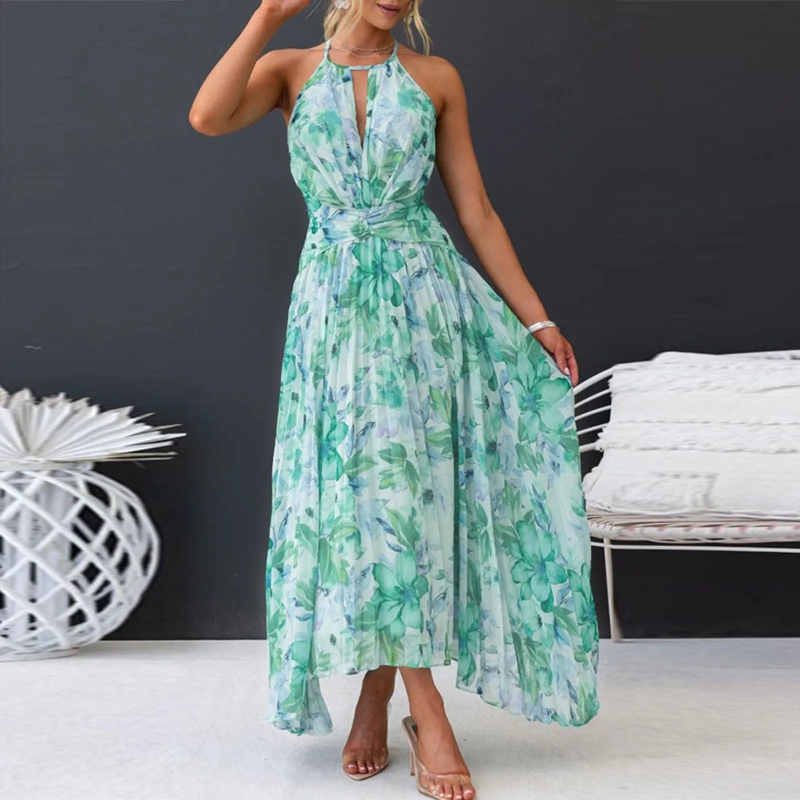 Damaris halter keyhole floral maxi dress, back view