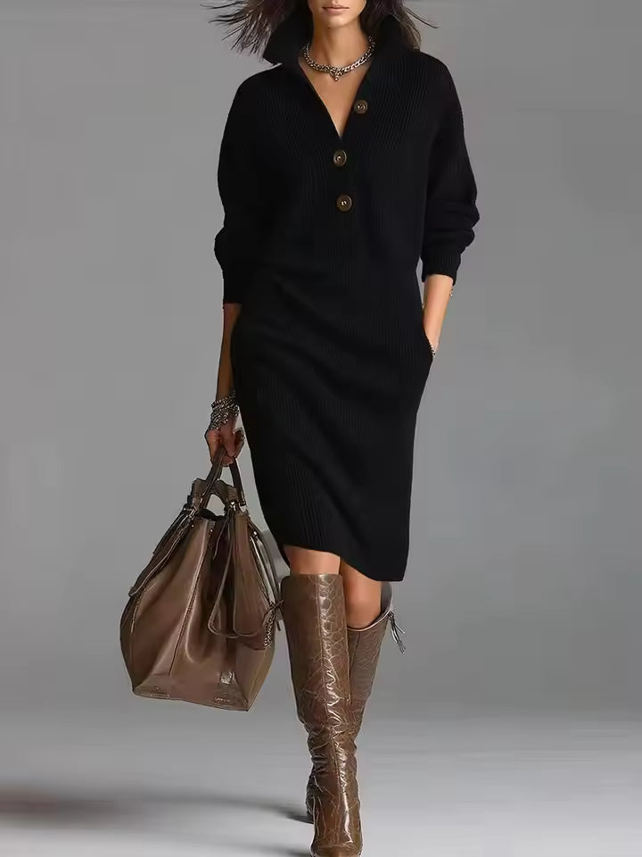 Daphne Black ribbed knit midi dress with V-neck, decorative buttons, long sleeves, and side pockets