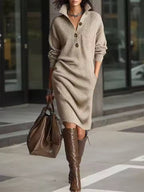 Daphne Brown ribbed knit sweater dress with button placket, side pockets, and relaxed midi-length silhouette