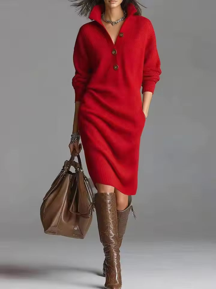 Daphne Red knit midi dress with V-neck button detailing, relaxed silhouette, and long sleeves