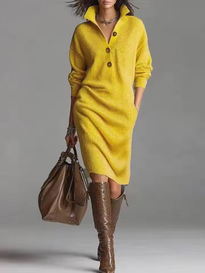 Daphne Yellow ribbed knit midi sweater dress with V-neck, button placket, long sleeves, and side pockets