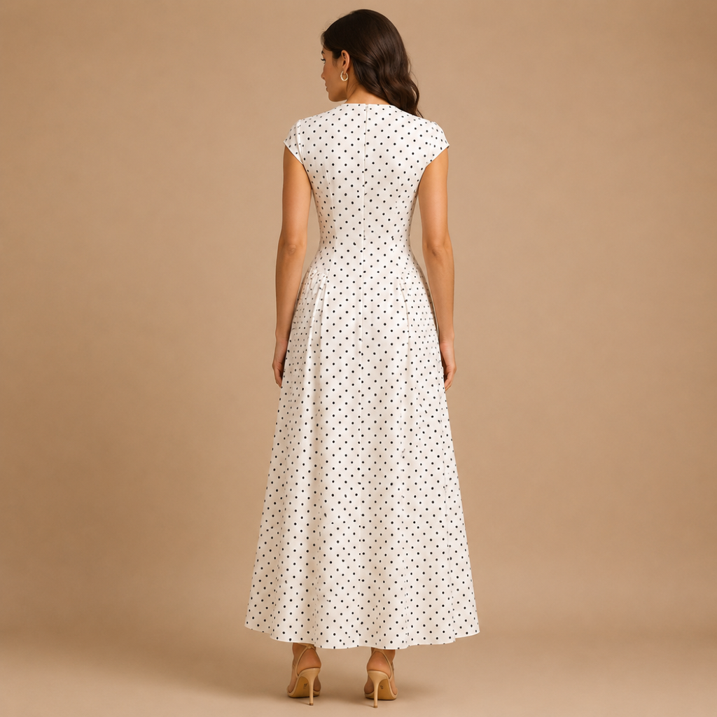 Back view of the Darcy Polka Dot Maxi Dress featuring a fitted bodice and flowing A-line maxi skirt. Designed by Bella Hudson.