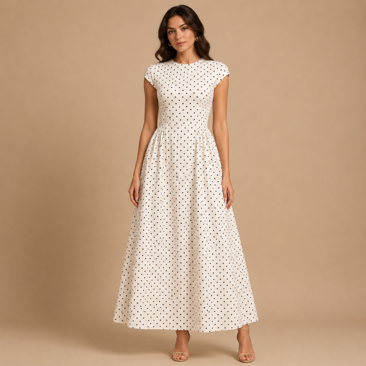 Darcy Polka Dot Maxi Dress with round neckline and A-line silhouette front view. Designed by Bella Hudson.