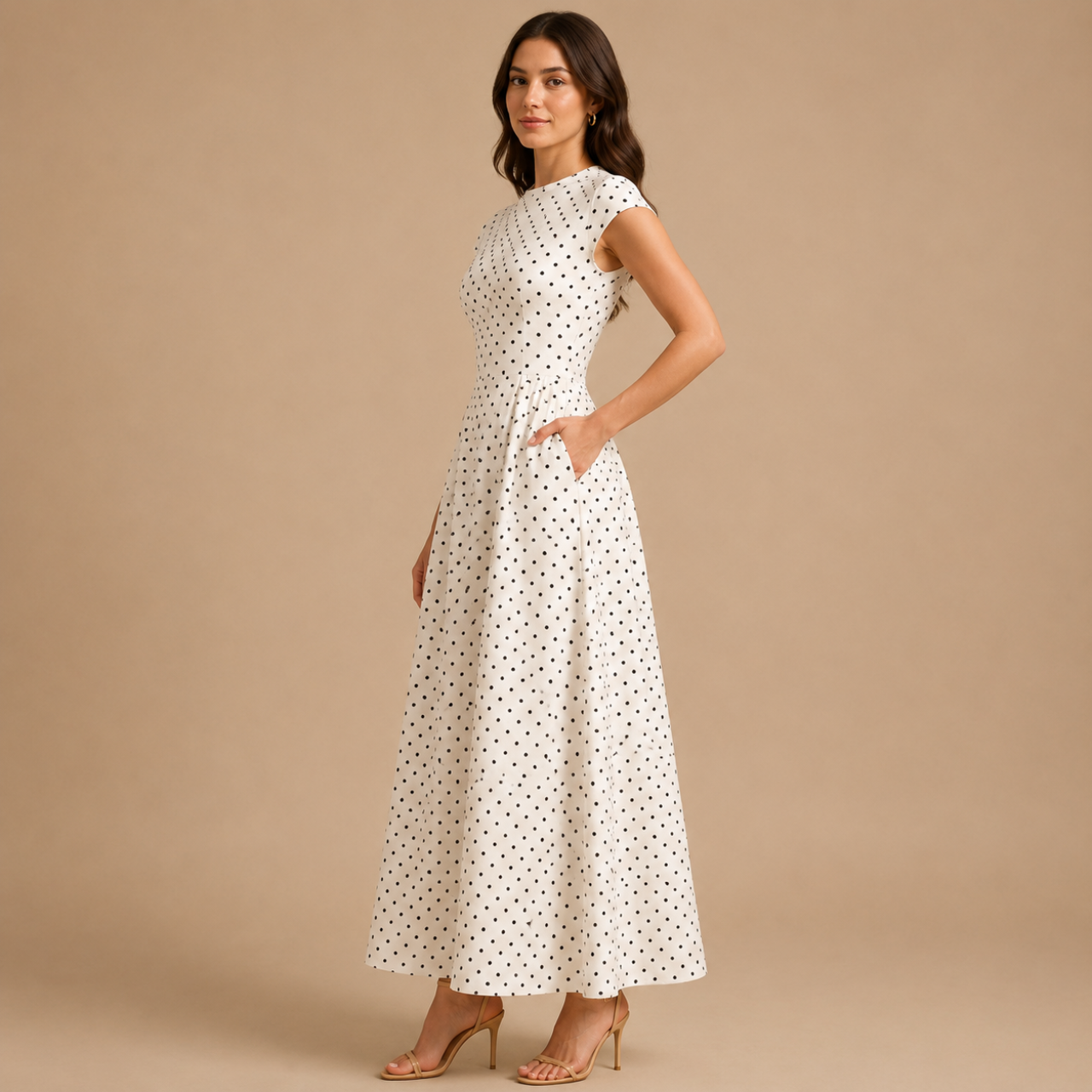 Side view of the Darcy Polka Dot Maxi Dress featuring a round neckline and flowing A-line silhouette. Designed by Bella Hudson.