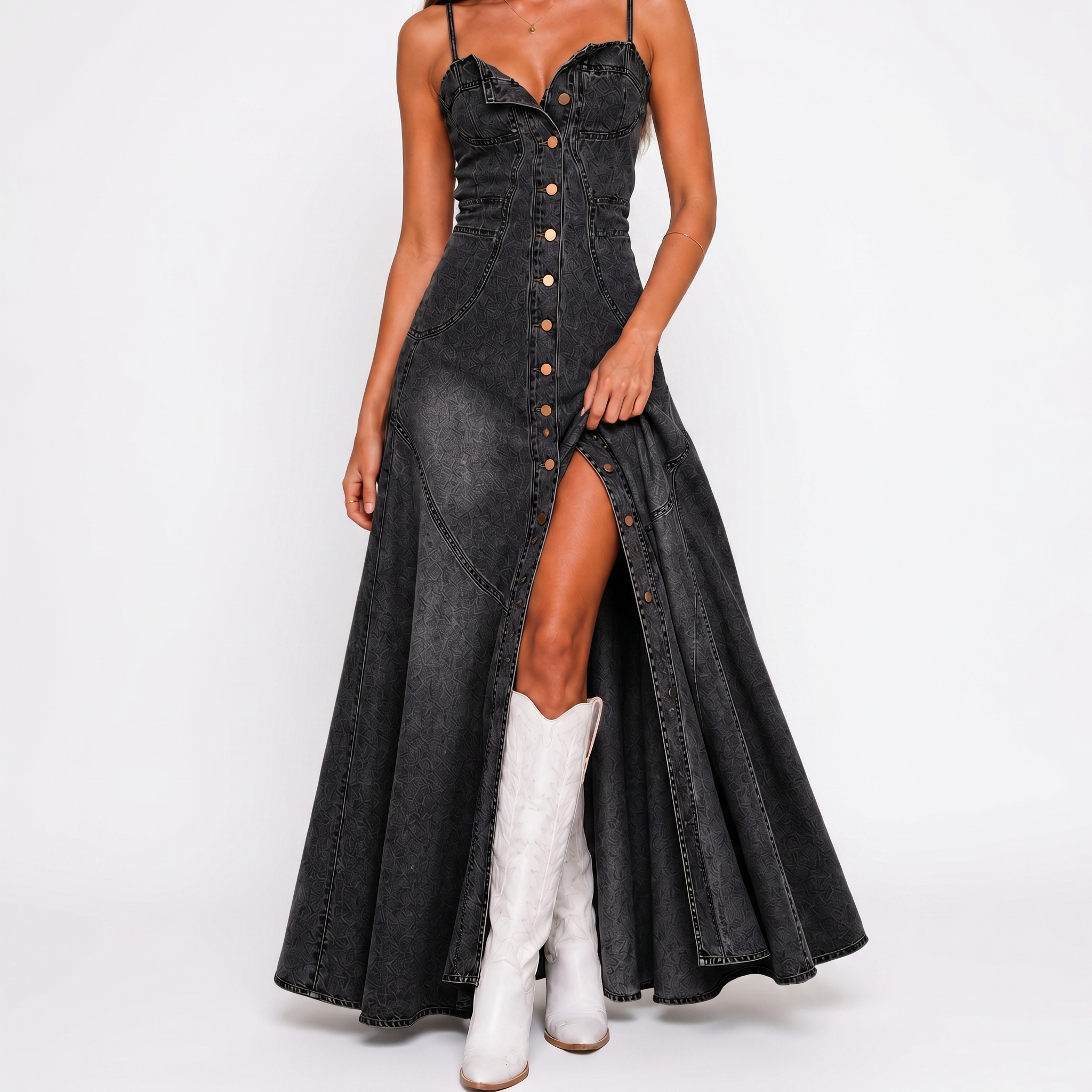Dark blue button front maxi denim dress front view with high slit BELLA HUDSON