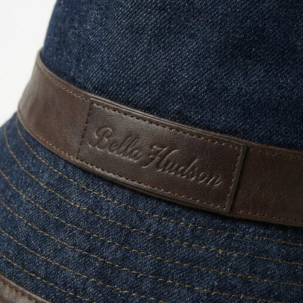 Close up of dark blue denim bucket hat leather band logo detail BELLA HUDSON
