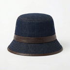 Dark blue denim bucket hat with leather band front view BELLA HUDSON