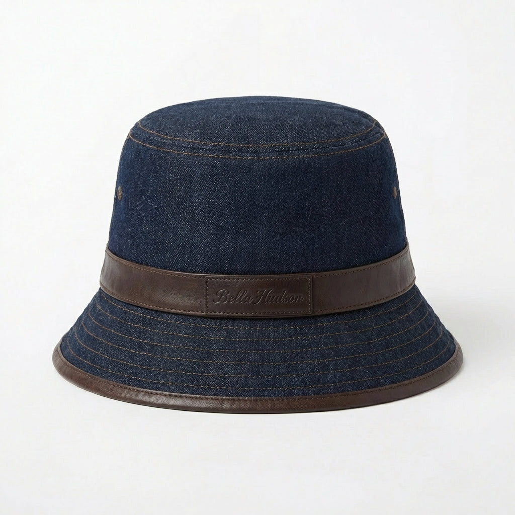 Dark blue denim bucket hat with leather band front view BELLA HUDSON