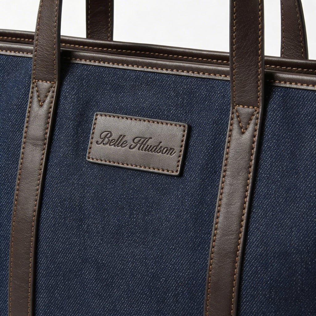 Close up of dark blue denim tote bag leather handles and logo detail BELLA HUDSON