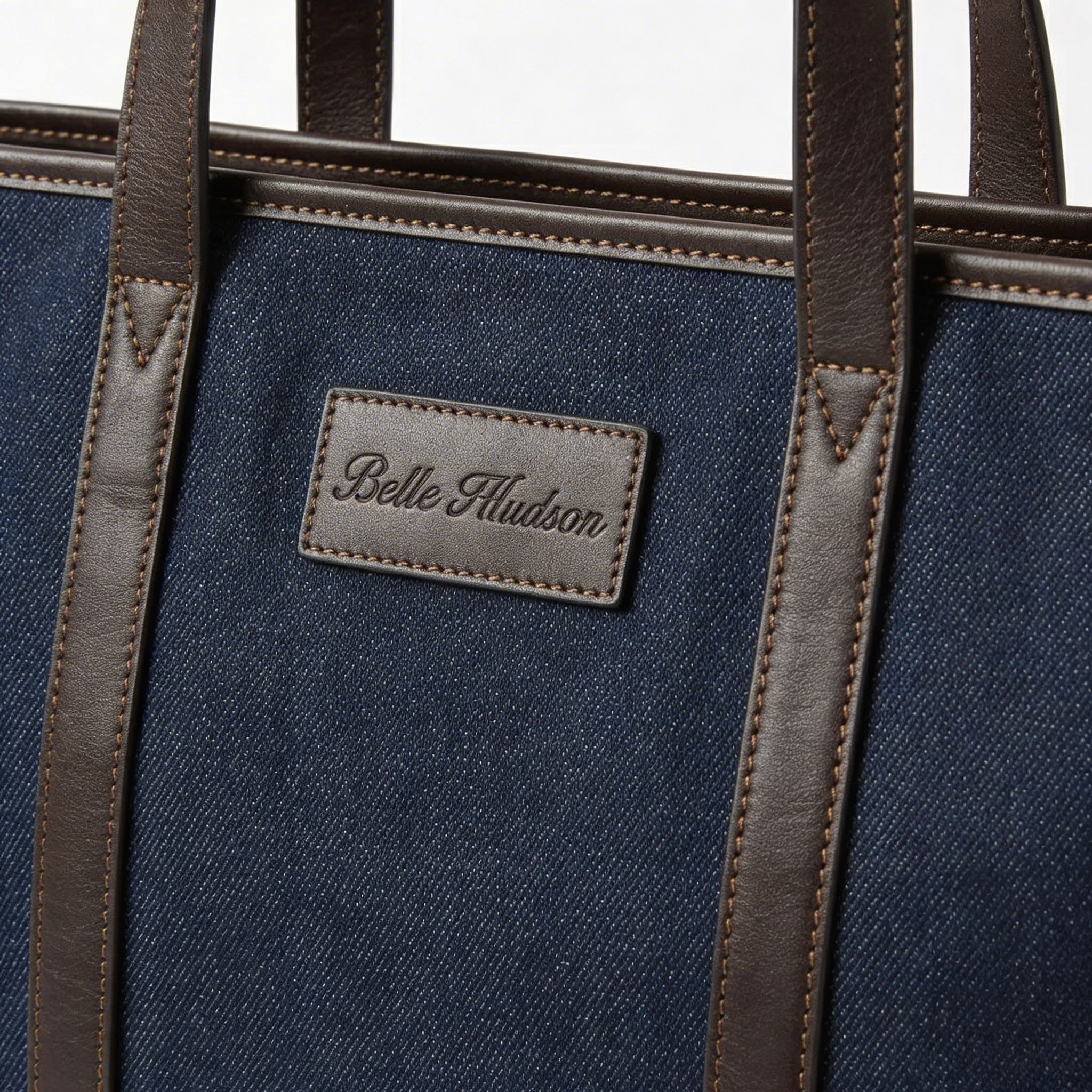 Close up of dark blue denim tote bag leather handles and logo detail BELLA HUDSON