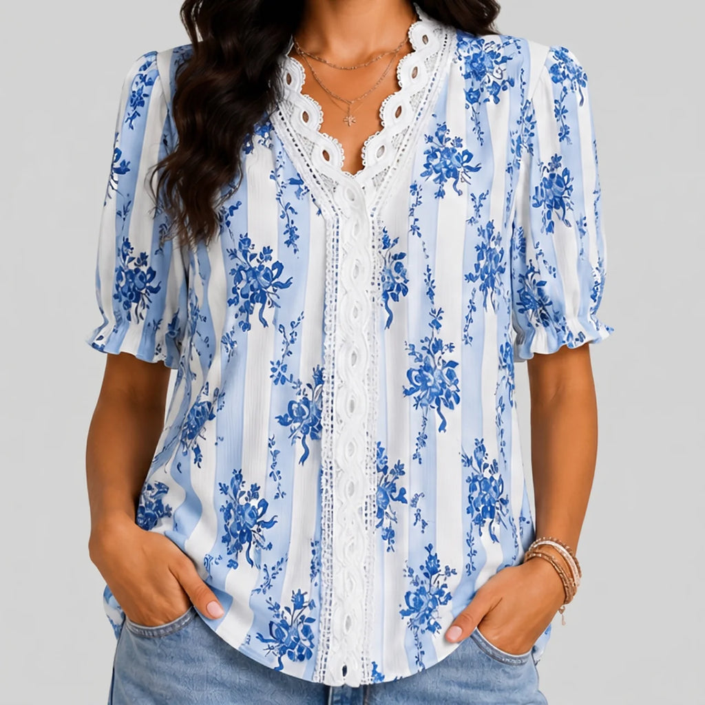 Front view of deep blue floral button blouse with short sleeves and relaxed fit by BELLA HUDSON
