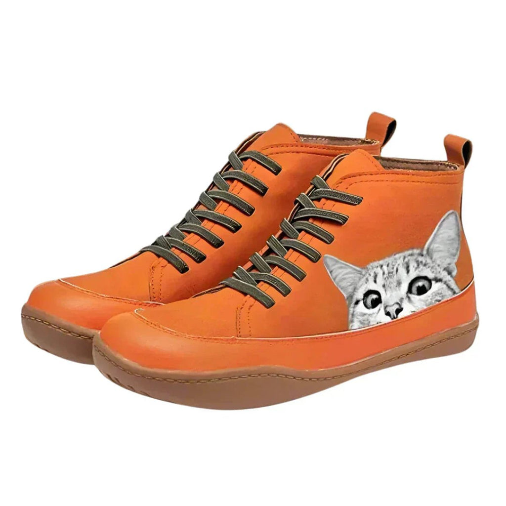 Delaney faux leather cat-print lace-up ankle boots, Orange