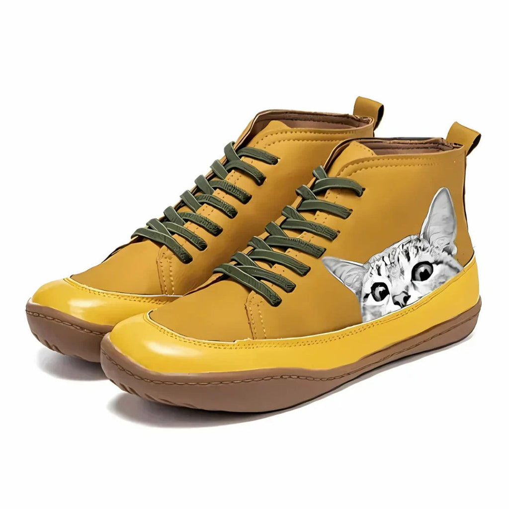Delaney faux leather cat-print lace-up ankle boots, Yellow