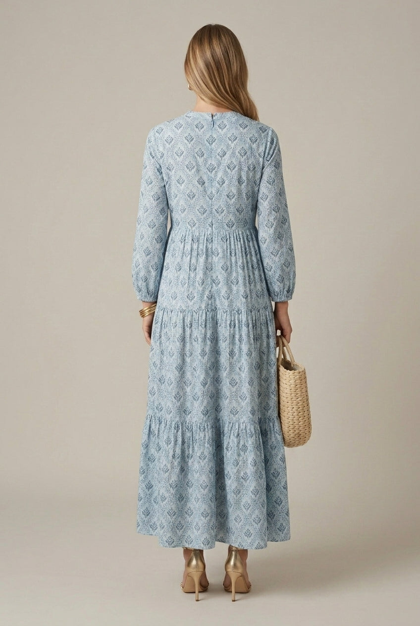 Delfina printed V-neck tiered maxi dress, back view