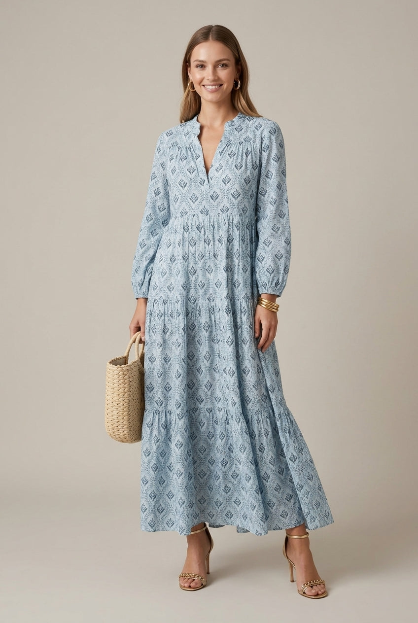Delfina printed V-neck tiered maxi dress, Blue