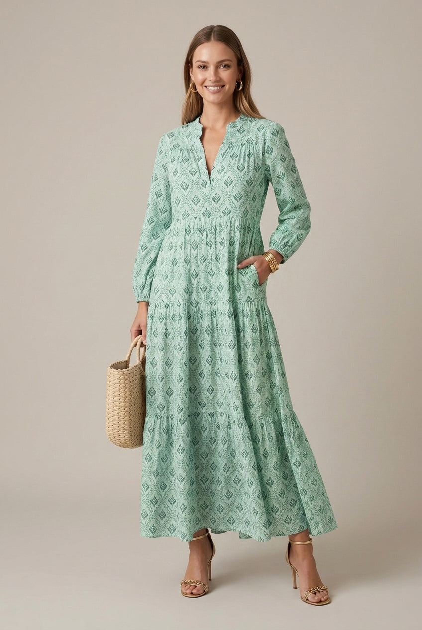 Delfina printed V-neck tiered maxi dress, Green